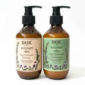This premium rosemary mint hair care set with shampoo and conditioner offers a refreshing and nourishing experience for revitalized hair.