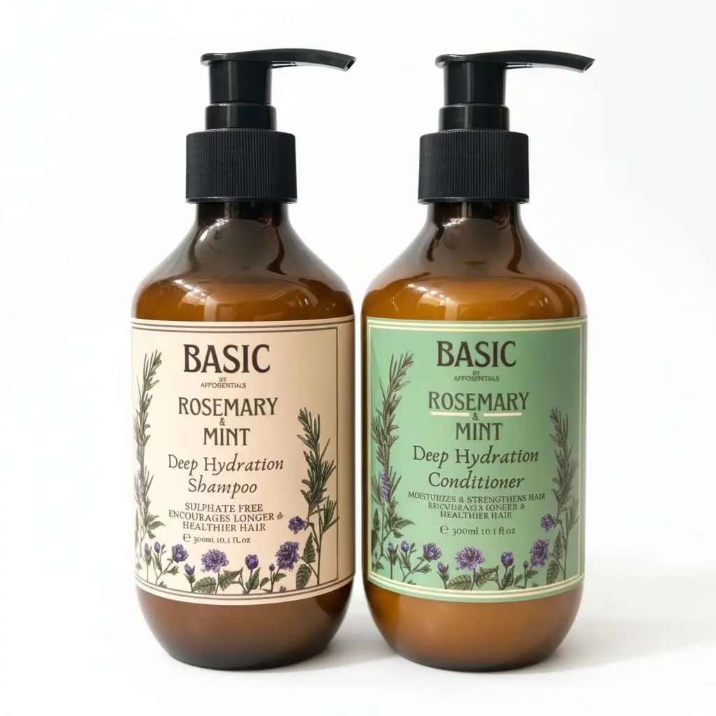 This premium rosemary mint hair care set with shampoo and conditioner offers a refreshing and nourishing experience for revitalized hair.