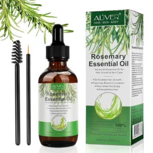 A bottle of ALIVER rosemary oil serum promotes hair growth, nourishes the scalp, and repairs dry, damaged hair with its pure and natural formula.