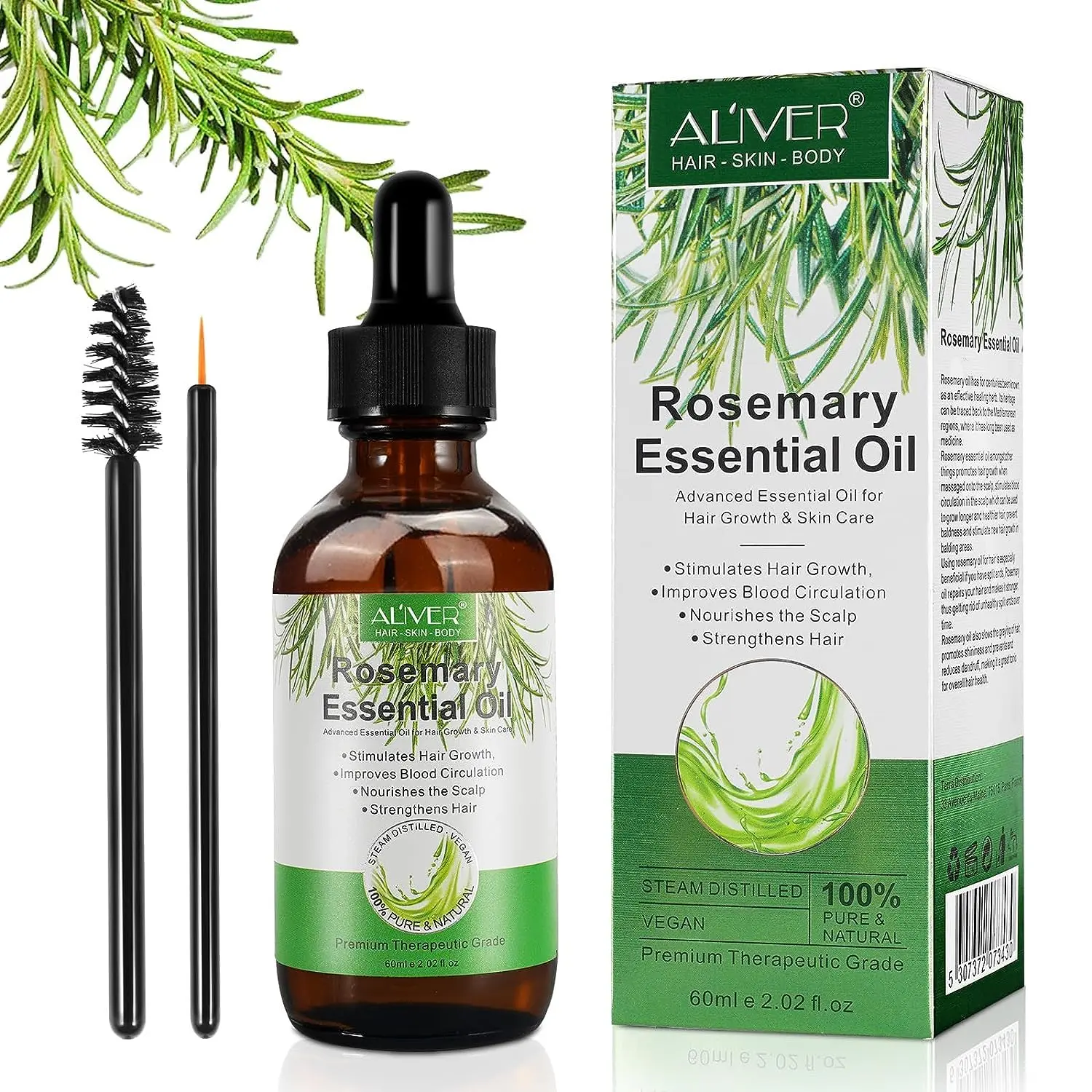 A bottle of ALIVER rosemary oil serum promotes hair growth, nourishes the scalp, and repairs dry, damaged hair with its pure and natural formula.