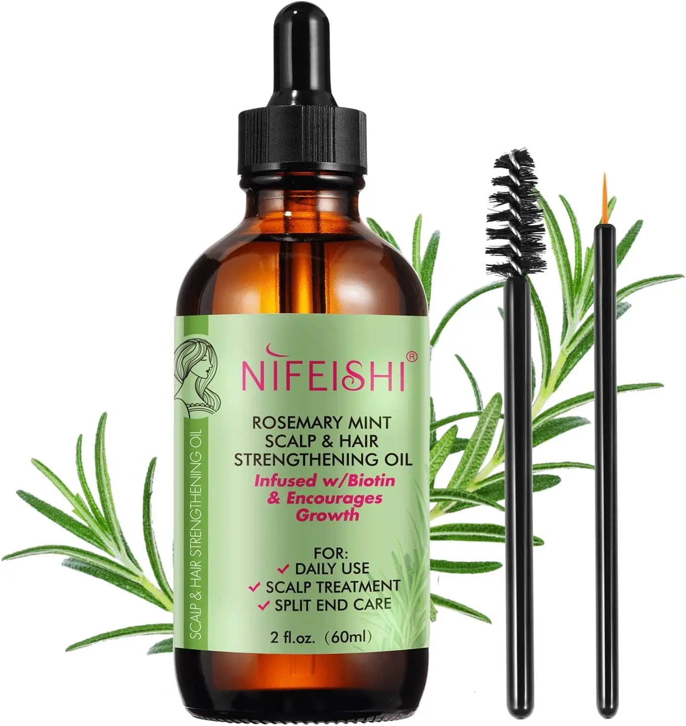 This bottle of rosemary oil with biotin is an organic essential oil serum that helps stimulate hair follicles, prevent hair loss, repair damaged hair, moisturize dry scalp, and promote hair growth.
