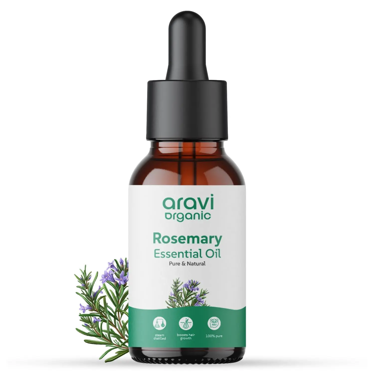 A bottle of Aravi Organic rosemary essential oil promotes quick hair growth for both women and men, made from 100% pure rosemary leaves to boost scalp circulation.