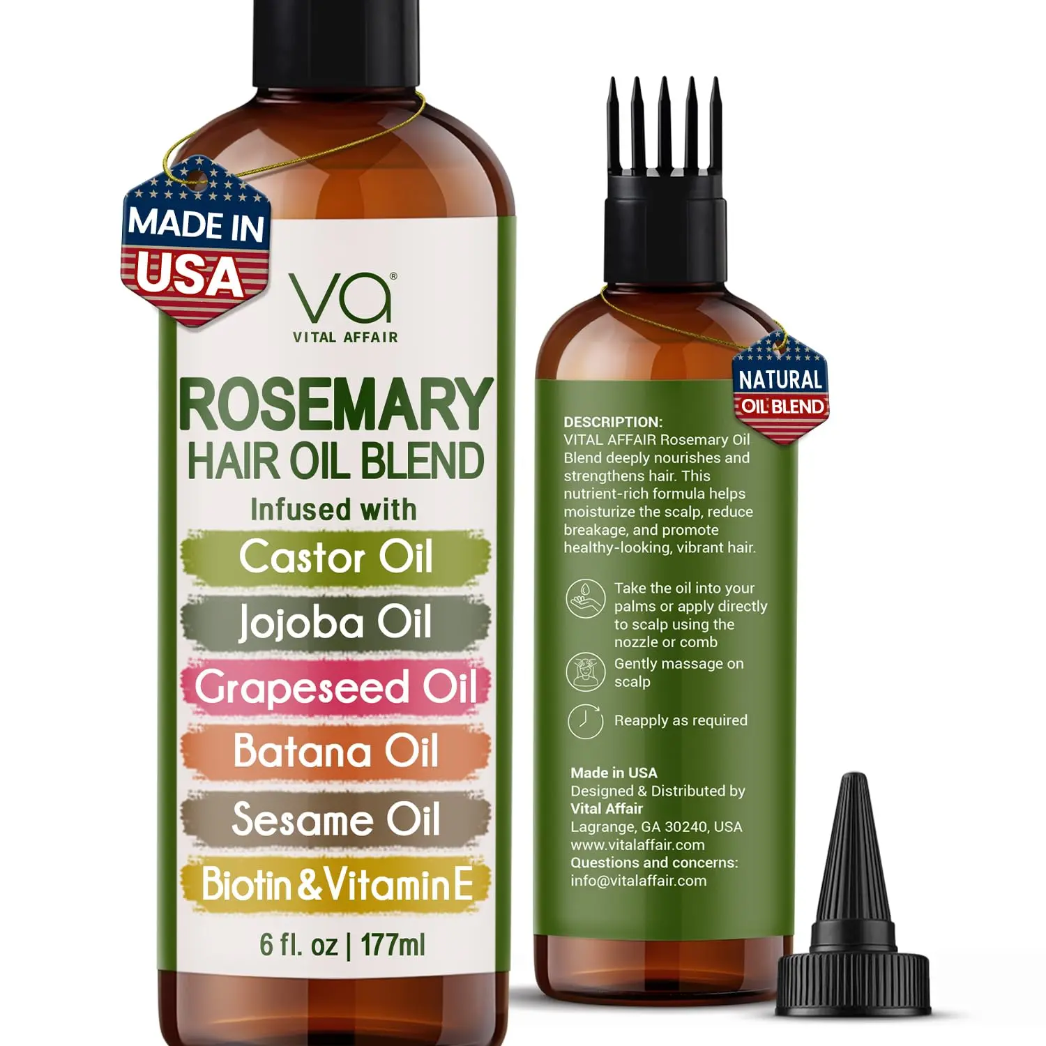 A bottle of VITAL AFFAIR rosemary oil, infused with castor and jojoba oils, biotin, and vitamin E, promoting hair growth and strengthening.