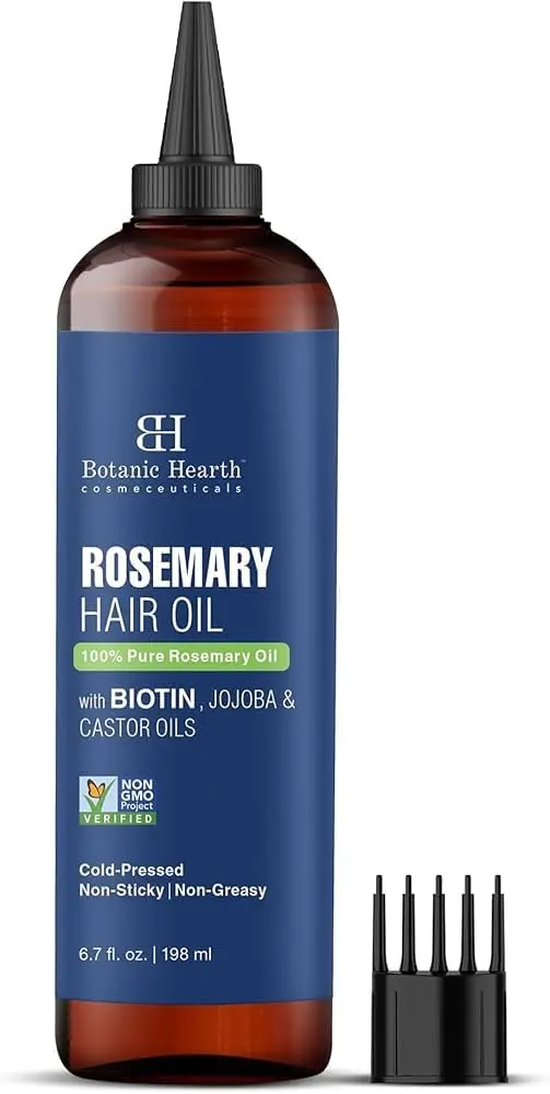 Botanic Hearth rosemary oil for hair promotes hair growth, strengthens hair follicles, and reduces dandruff with biotin, jojoba, and castor oil.