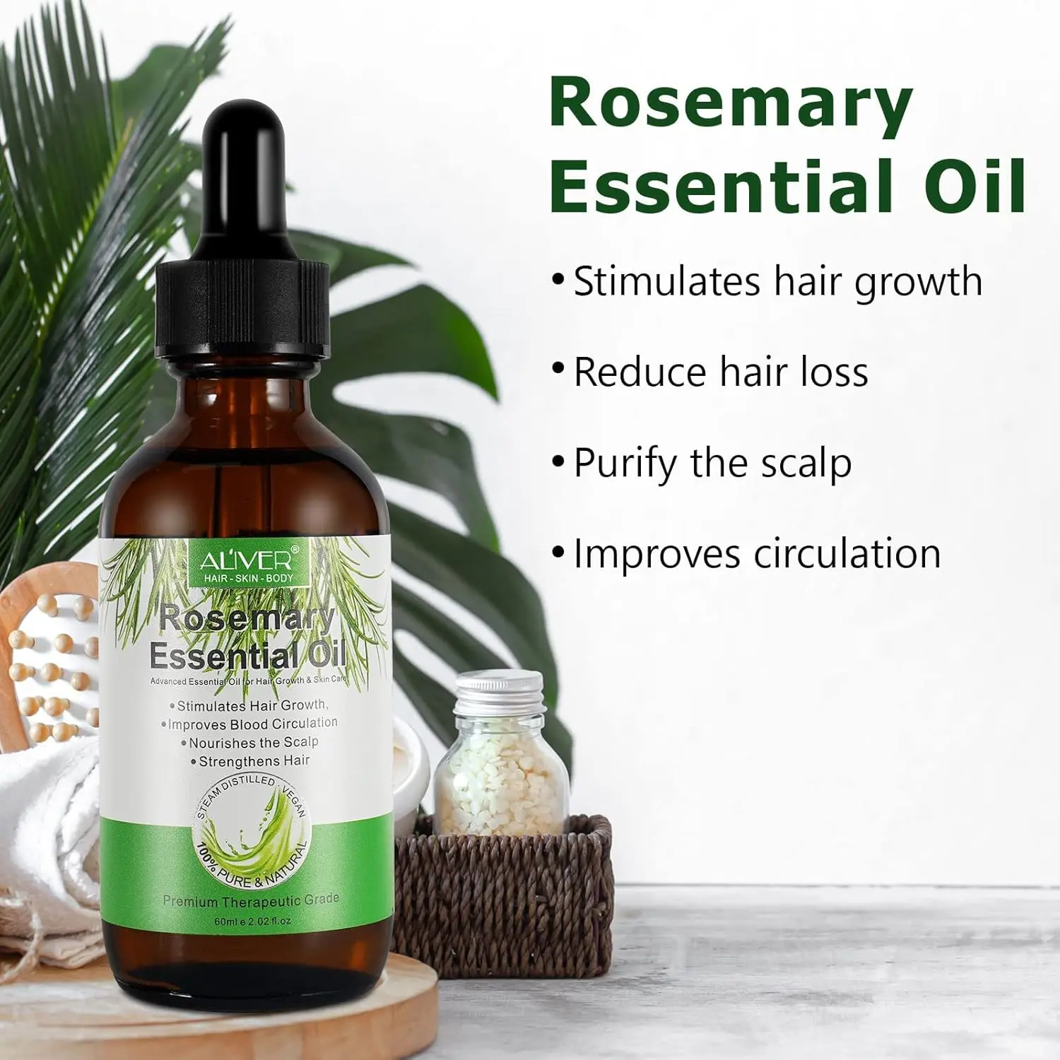 A bottle of ALIVER rosemary oil serum promotes hair growth, nourishes the scalp, and repairs dry, damaged hair with its pure and natural formula.