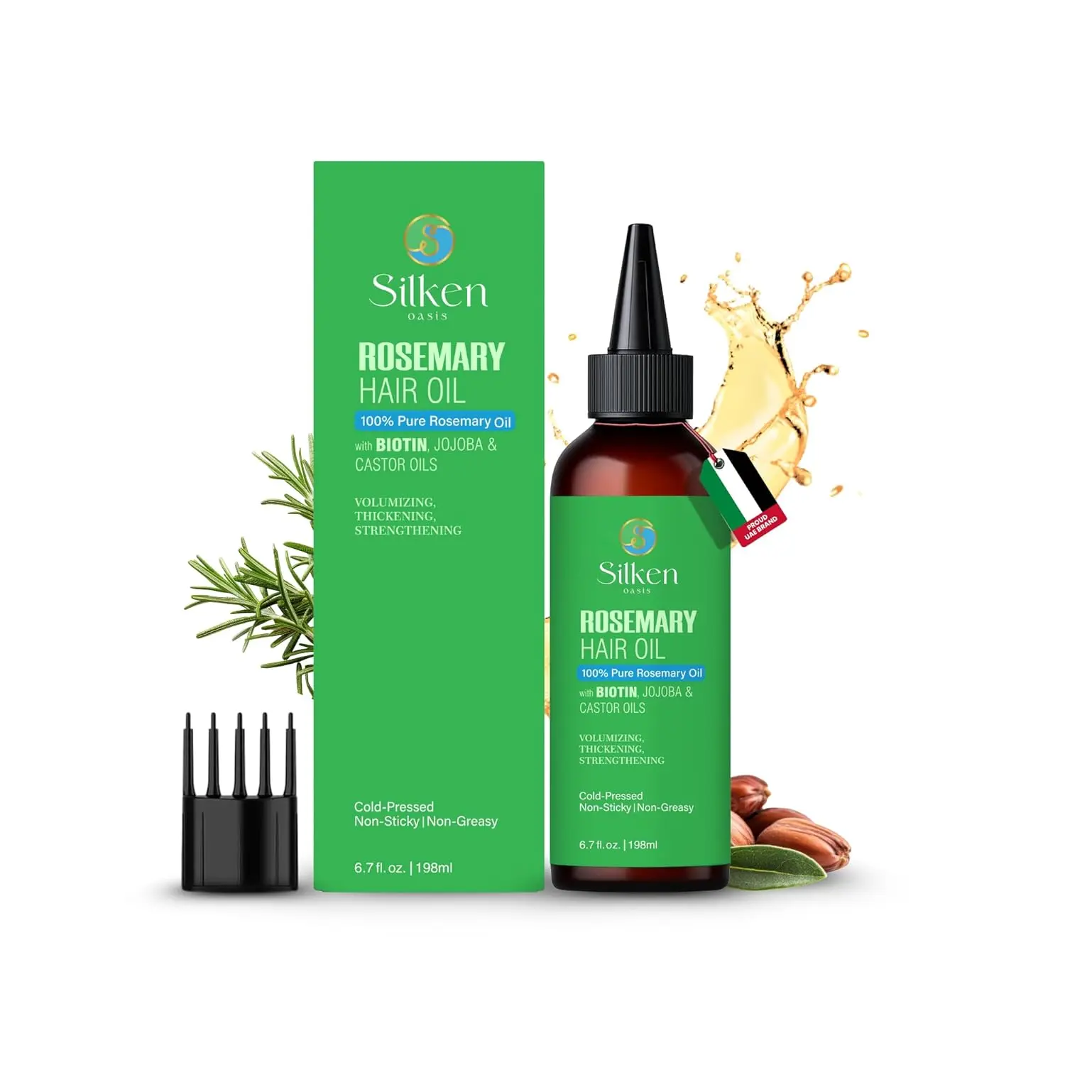 Silken Oasis rosemary oil infused with biotin, castor and jojoba oil promotes hair growth and a healthy scalp for both women and men.