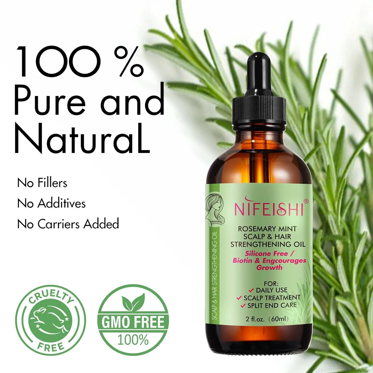 This bottle of rosemary oil with biotin is an organic essential oil serum that helps stimulate hair follicles, prevent hair loss, repair damaged hair, moisturize dry scalp, and promote hair growth.