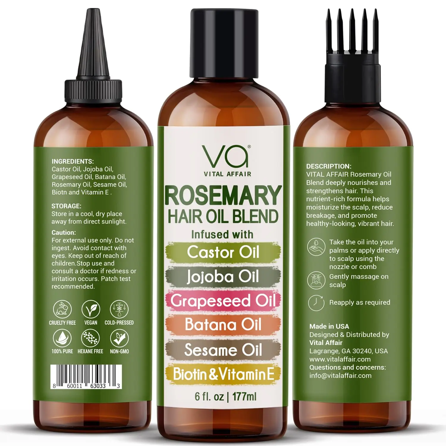 A bottle of VITAL AFFAIR rosemary oil, infused with castor and jojoba oils, biotin, and vitamin E, promoting hair growth and strengthening.