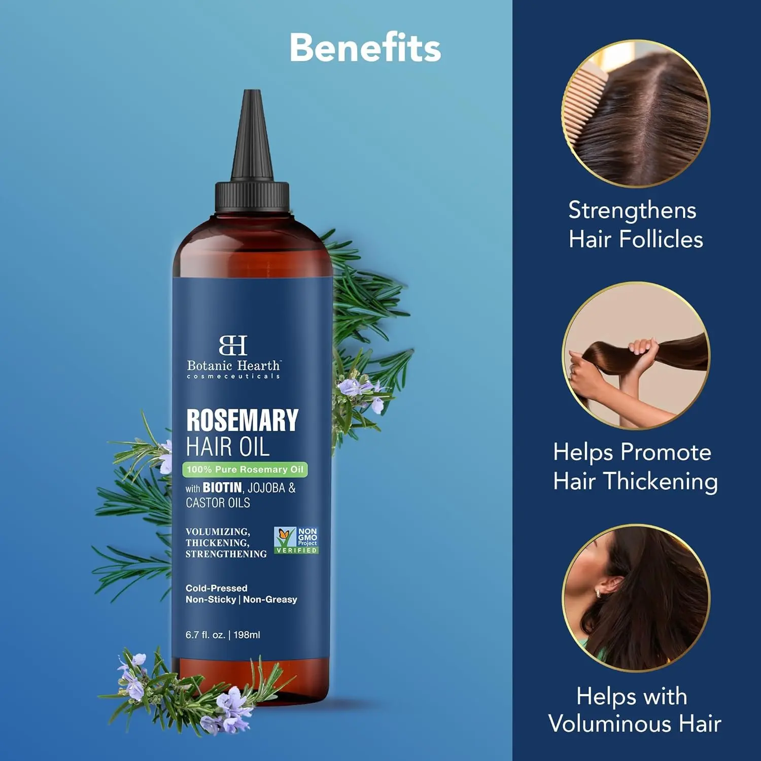 Botanic Hearth rosemary oil for hair growth helps strengthen hair follicles, fight hair loss, and nourish the scalp for thicker, healthier hair.