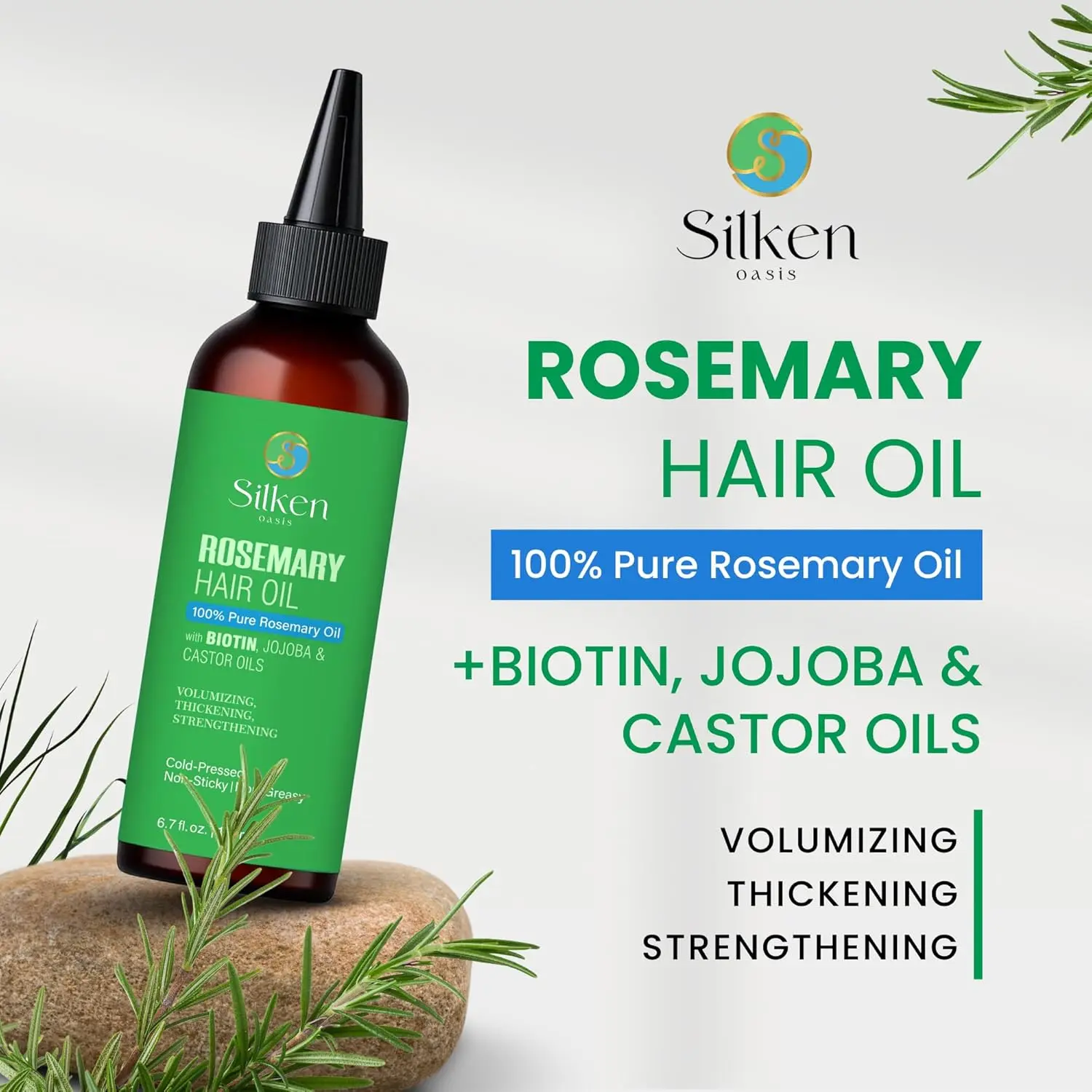 Silken Oasis rosemary oil infused with biotin, castor and jojoba oil promotes hair growth and a healthy scalp for both women and men.