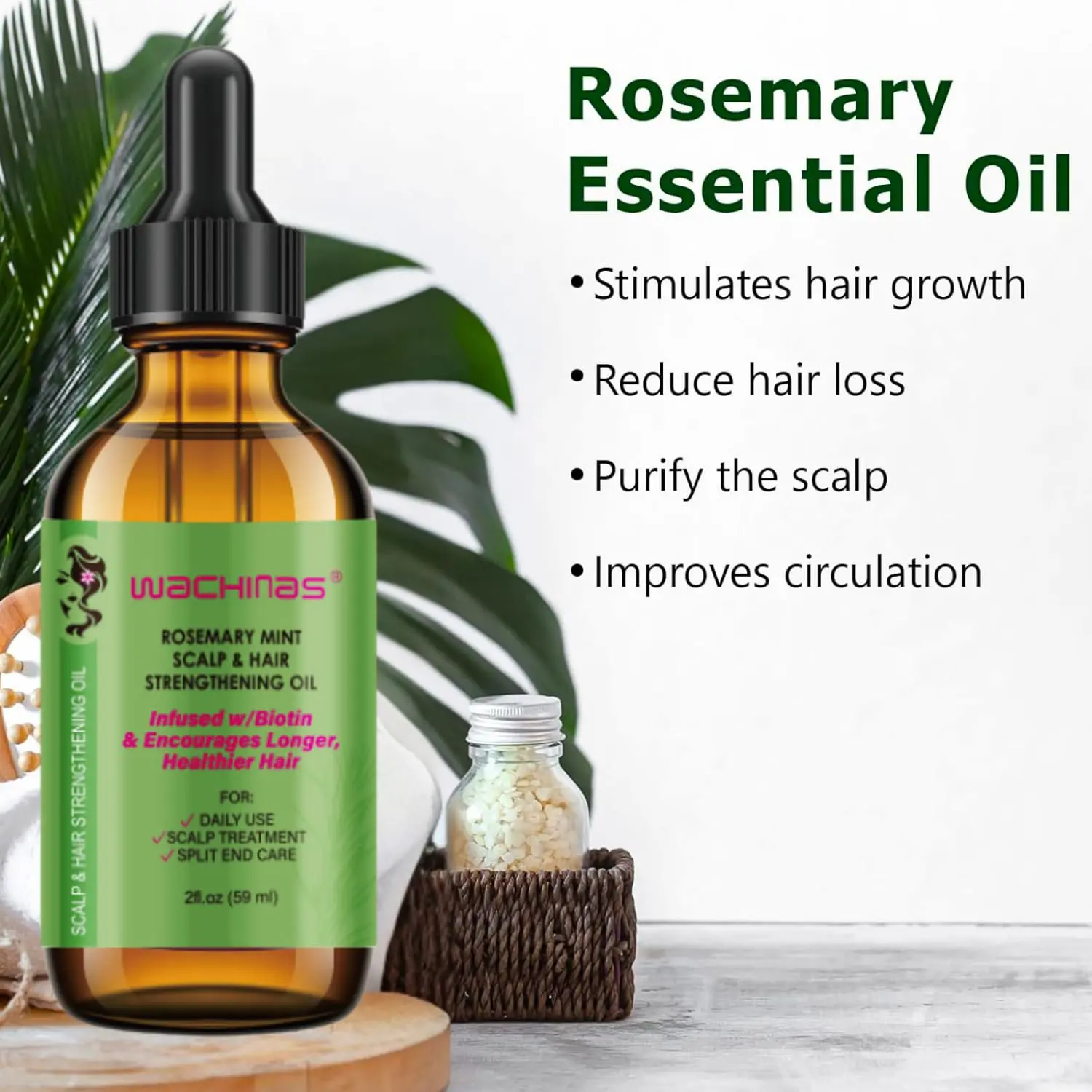 This rosemary oil infused with biotin promotes hair growth, strengthens roots, and nourishes the scalp for thicker, fuller hair.