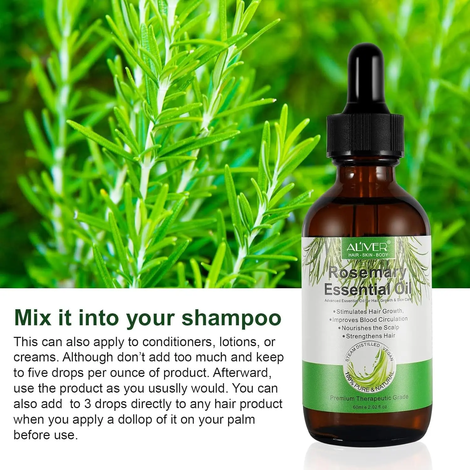 A bottle of ALIVER rosemary oil serum promotes hair growth, nourishes the scalp, and repairs dry, damaged hair with its pure and natural formula.