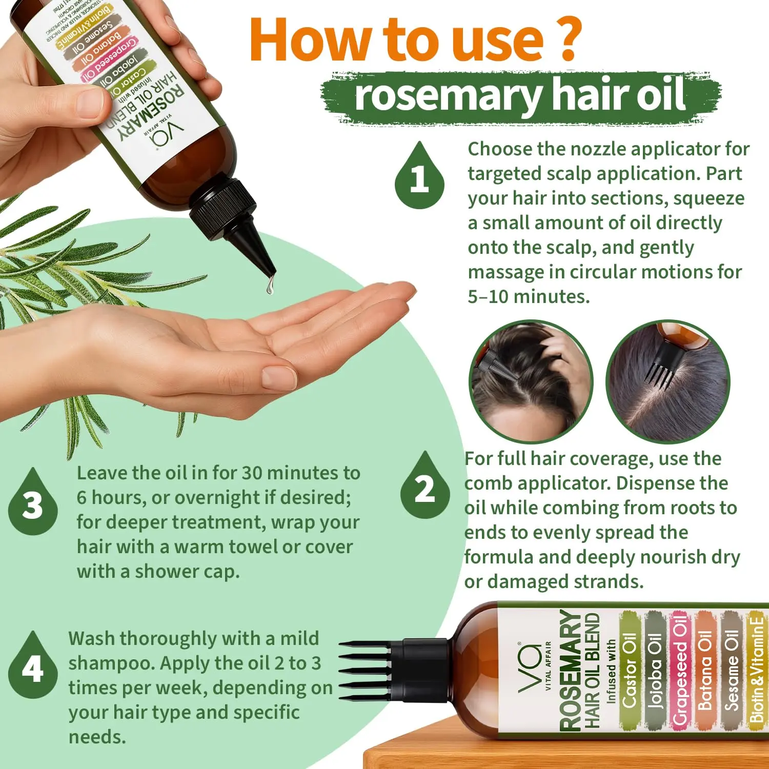 A bottle of VITAL AFFAIR rosemary oil, infused with castor and jojoba oils, biotin, and vitamin E, promoting hair growth and strengthening.