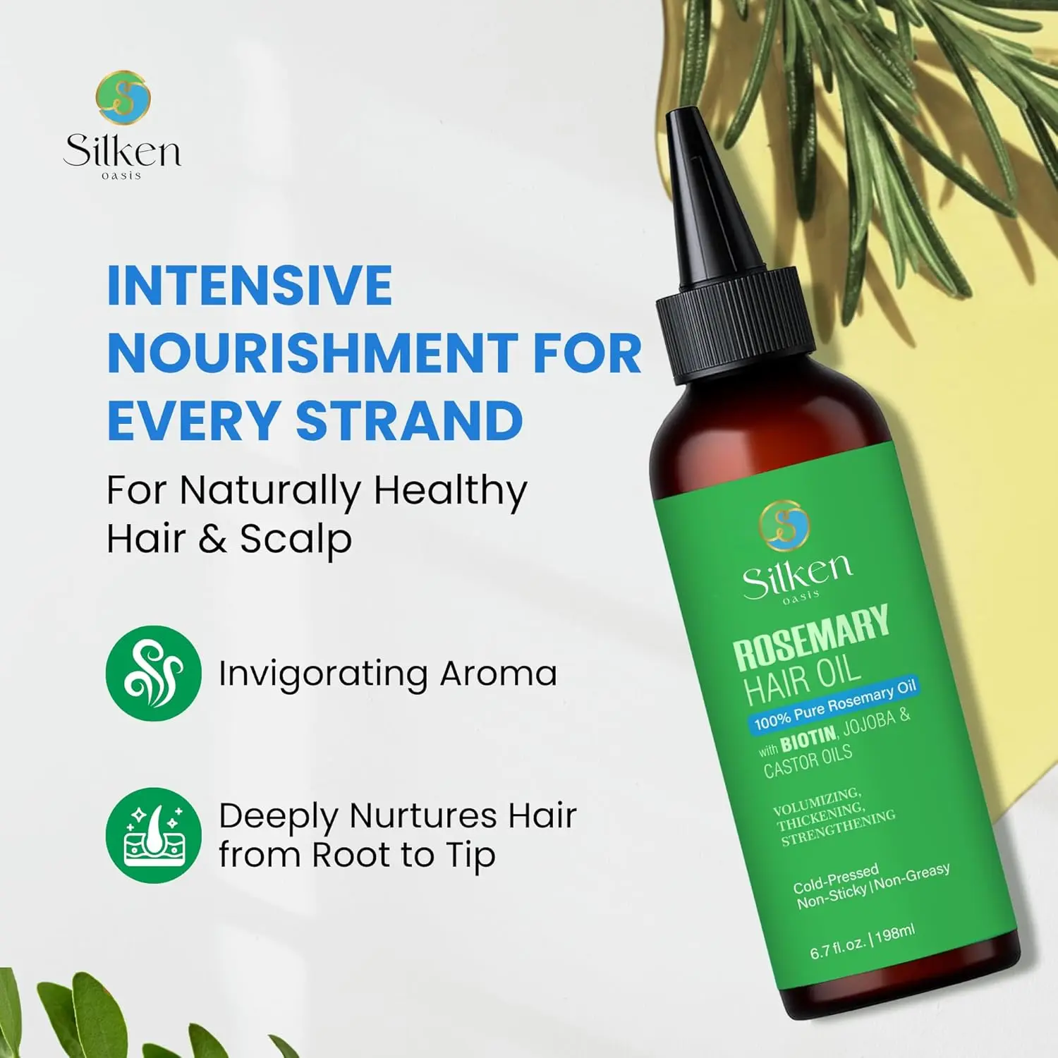 Silken Oasis rosemary oil infused with biotin, castor and jojoba oil promotes hair growth and a healthy scalp for both women and men.
