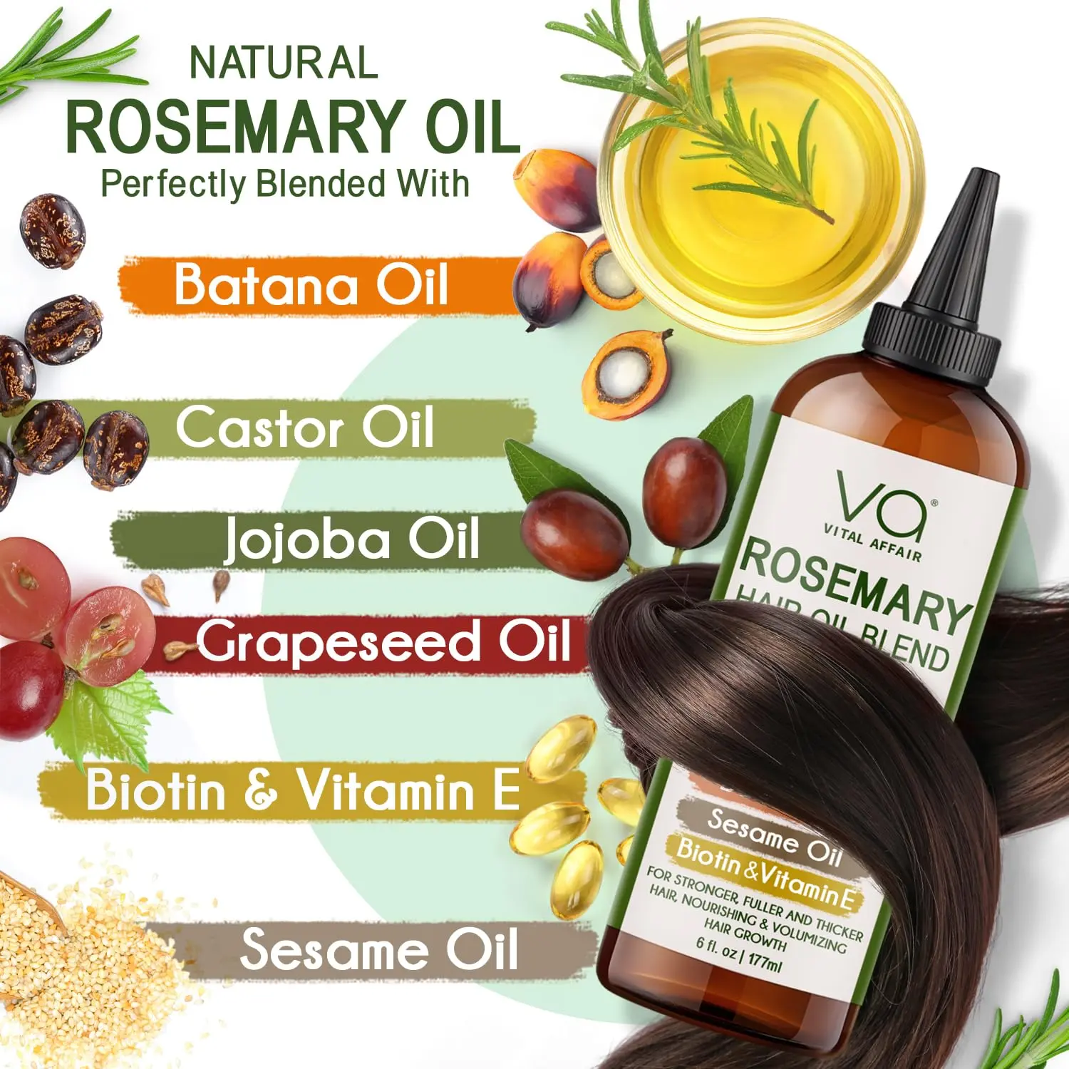 A bottle of VITAL AFFAIR rosemary oil, infused with castor and jojoba oils, biotin, and vitamin E, promoting hair growth and strengthening.