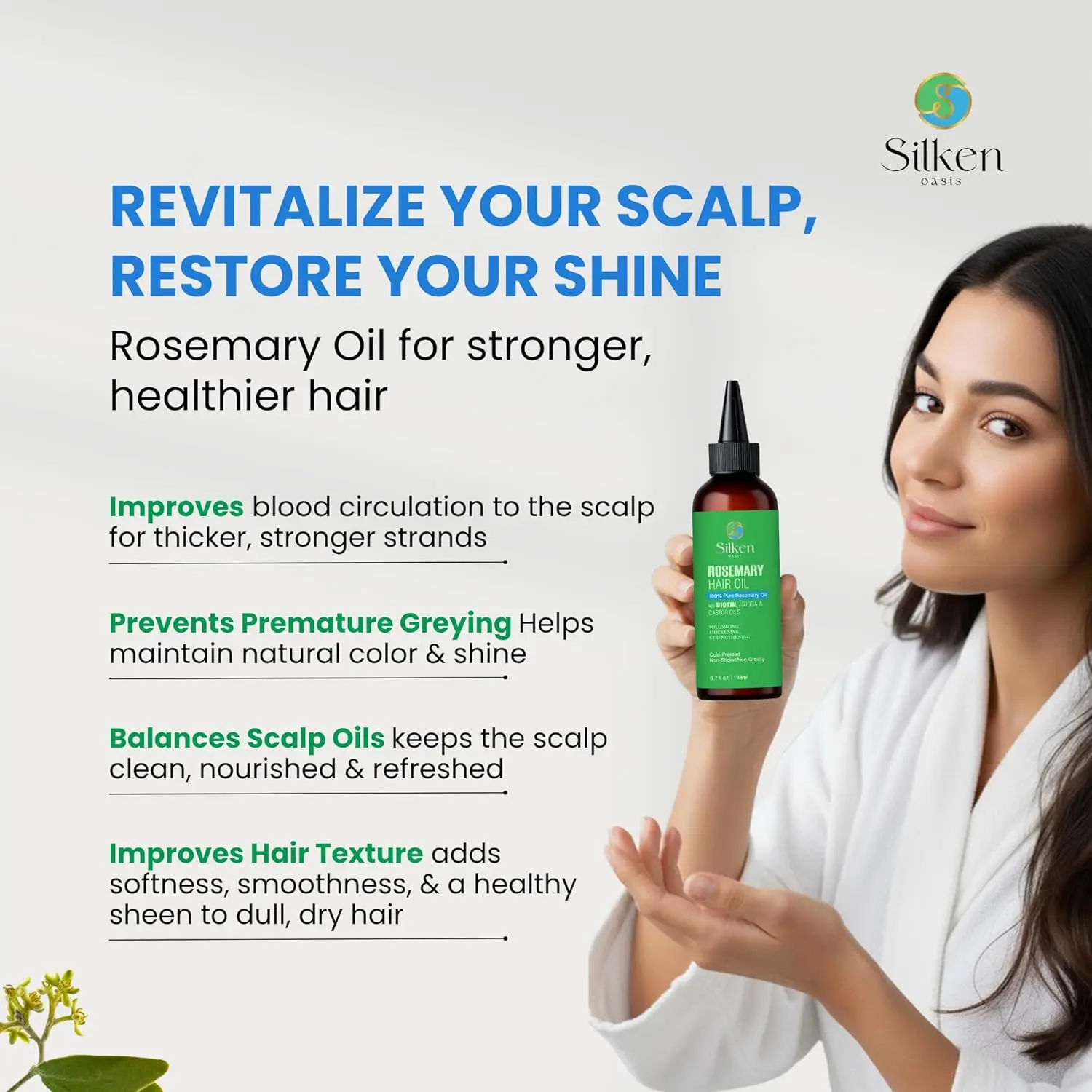 Silken Oasis rosemary oil infused with biotin, castor and jojoba oil promotes hair growth and a healthy scalp for both women and men.