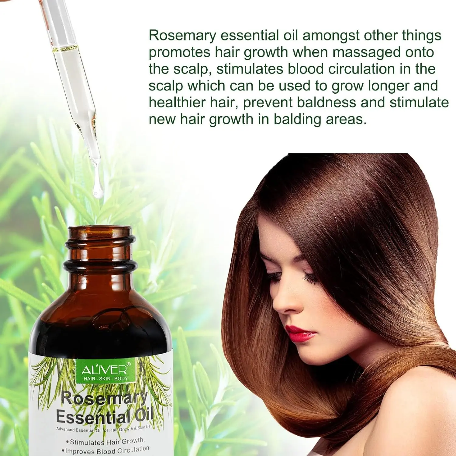 A bottle of ALIVER rosemary oil serum promotes hair growth, nourishes the scalp, and repairs dry, damaged hair with its pure and natural formula.
