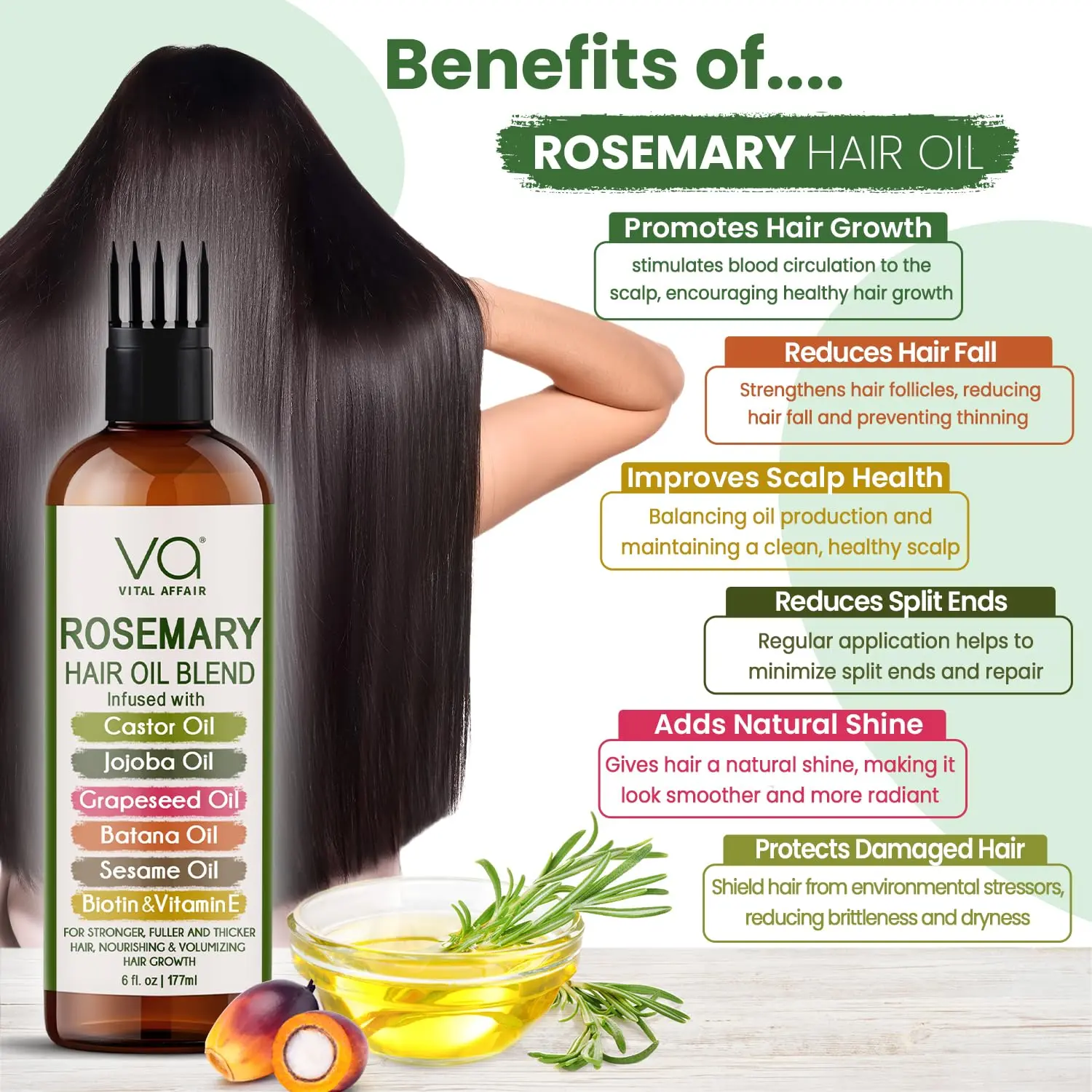A bottle of VITAL AFFAIR rosemary oil, infused with castor and jojoba oils, biotin, and vitamin E, promoting hair growth and strengthening.