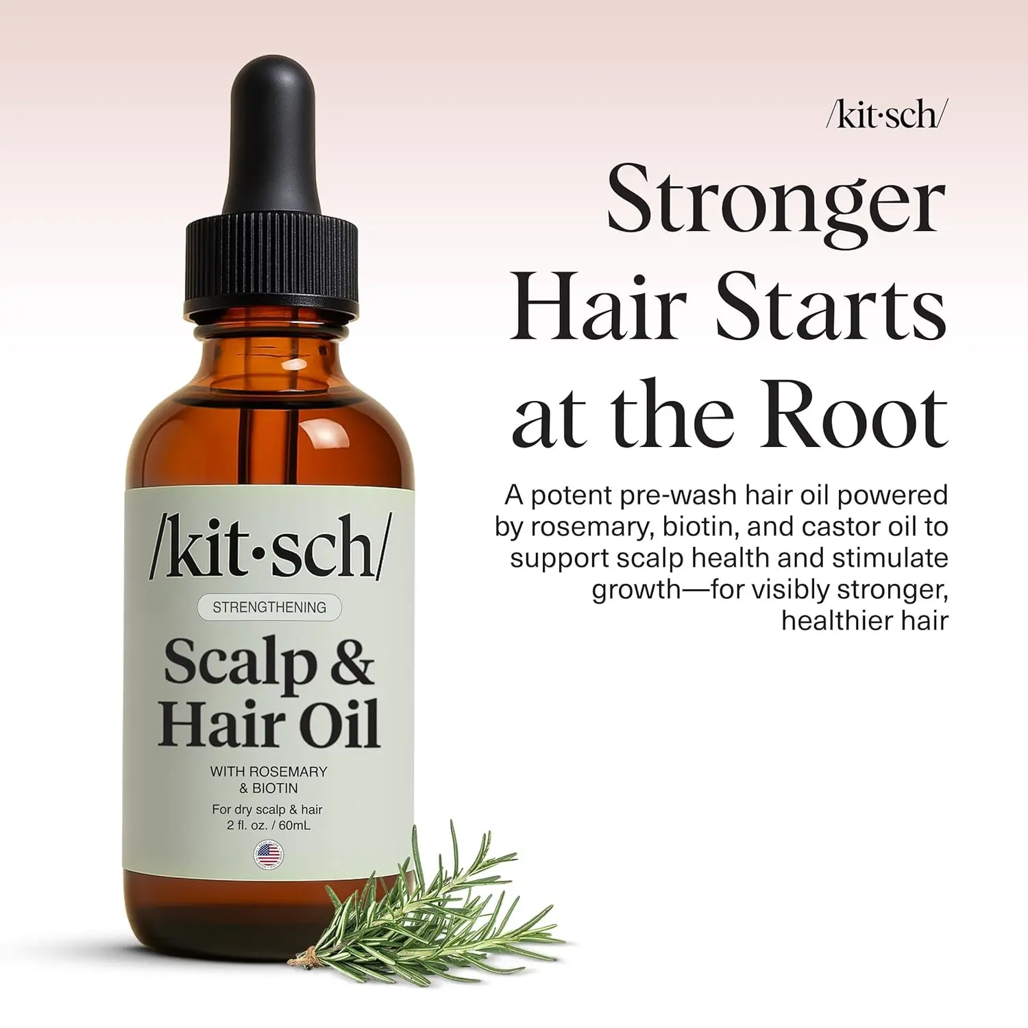 Kitsch rosemary oil serum nourishes the scalp and supports healthy hair growth with biotin and a blend of argan, jojoba, and castor oils in eco-friendly packaging.