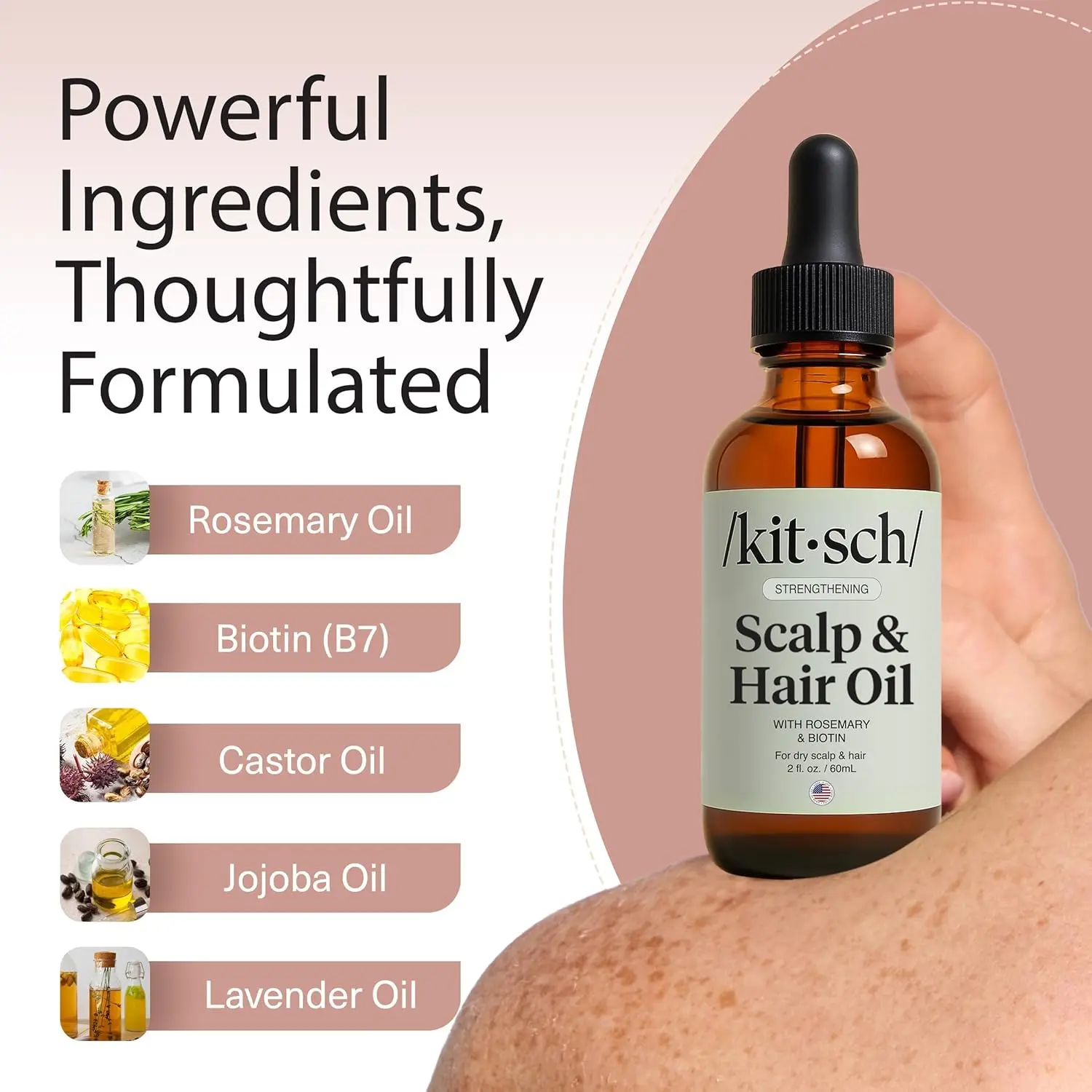 Kitsch rosemary oil serum nourishes the scalp and supports healthy hair growth with biotin and a blend of argan, jojoba, and castor oils in eco-friendly packaging.