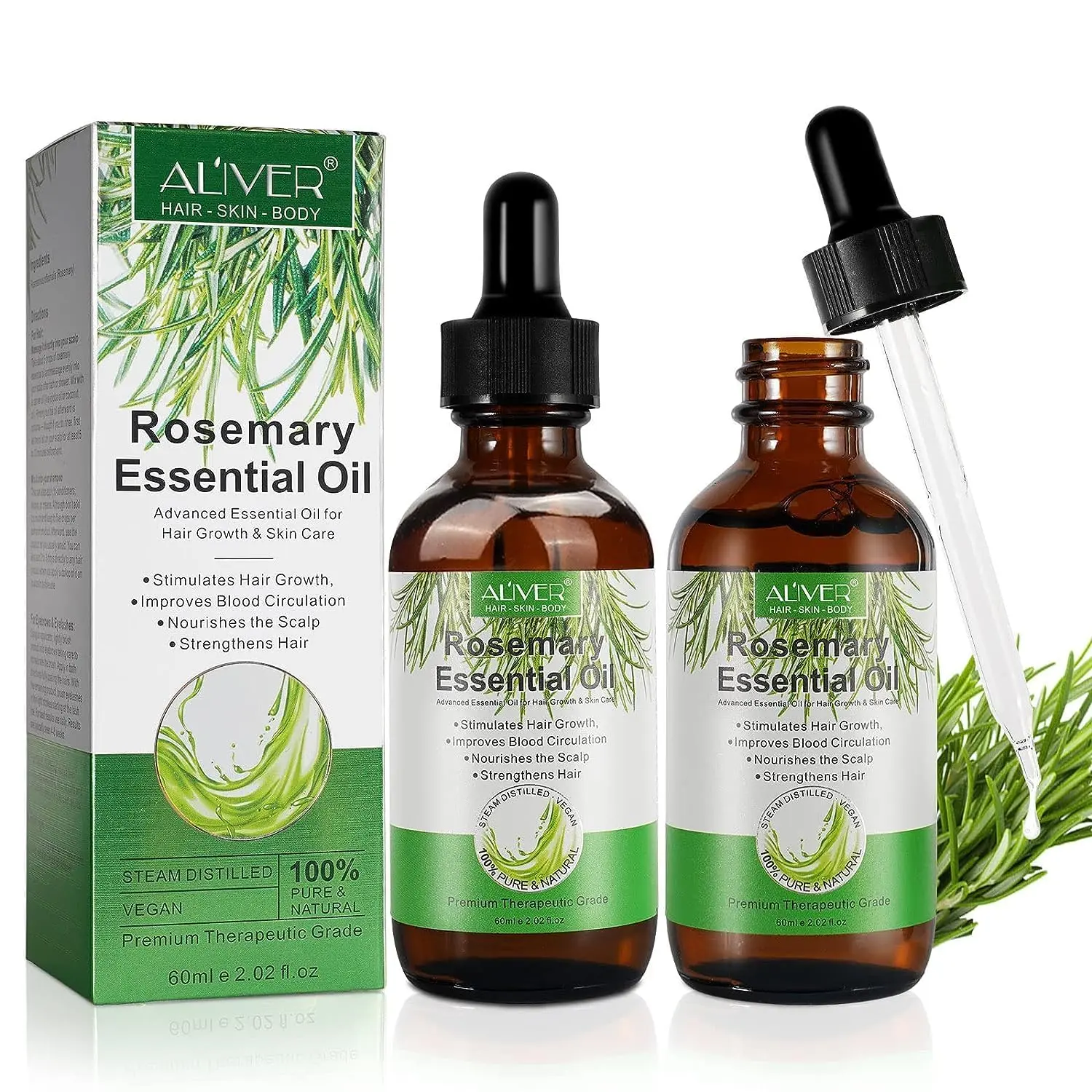 Bottle of pure rosemary essential oil promotes hair growth, nourishes skin, and offers aromatherapy benefits.