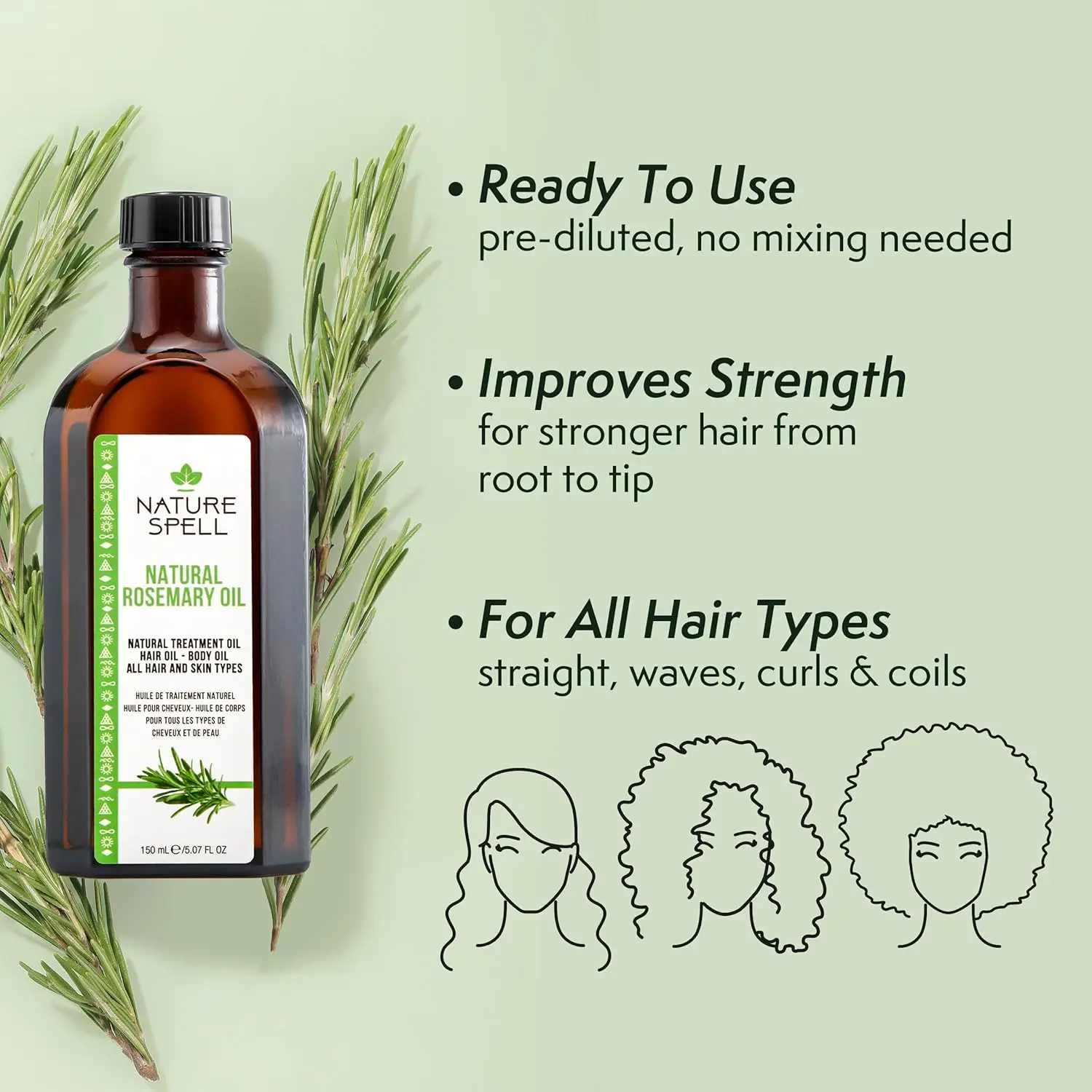 Nature Spell rosemary oil promotes hair growth and healthy skin with its cleansing and moisturising properties, made in the UK.