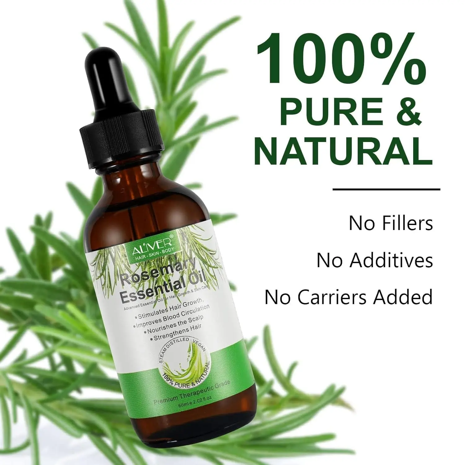Bottle of pure rosemary essential oil promotes hair growth, nourishes skin, and offers aromatherapy benefits.