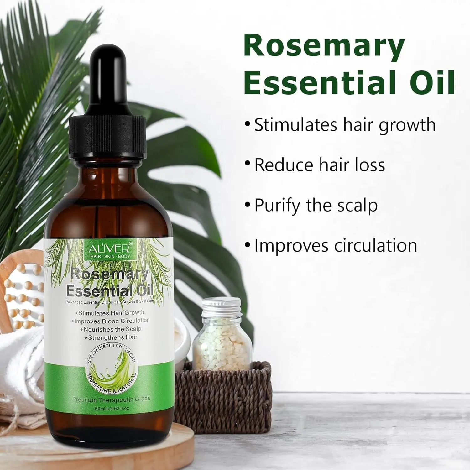 Bottle of pure rosemary essential oil promotes hair growth, nourishes skin, and offers aromatherapy benefits.