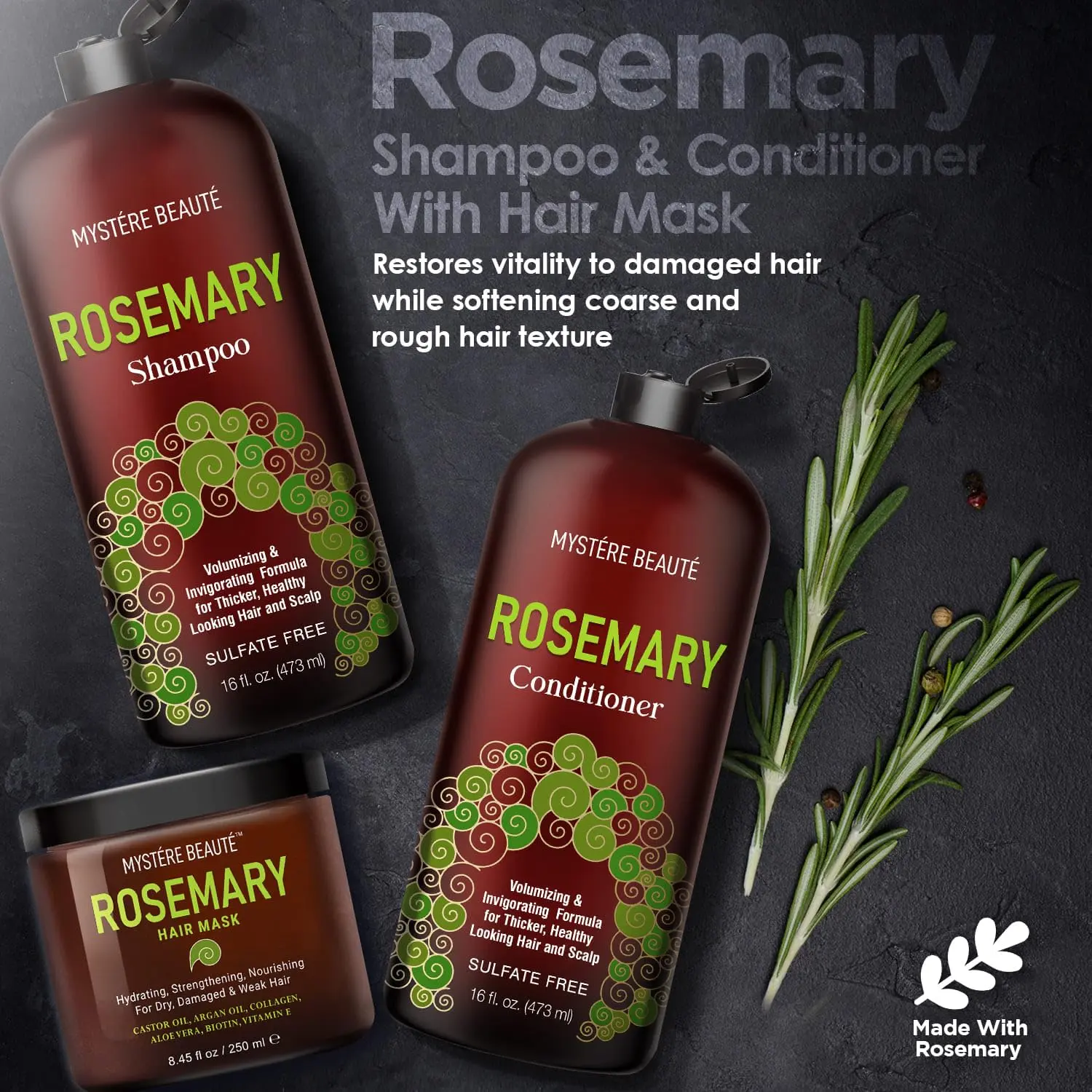 Rosemary shampoo and conditioner set with hair mask, perfect gifts for women and best friends seeking hair growth and hydration.