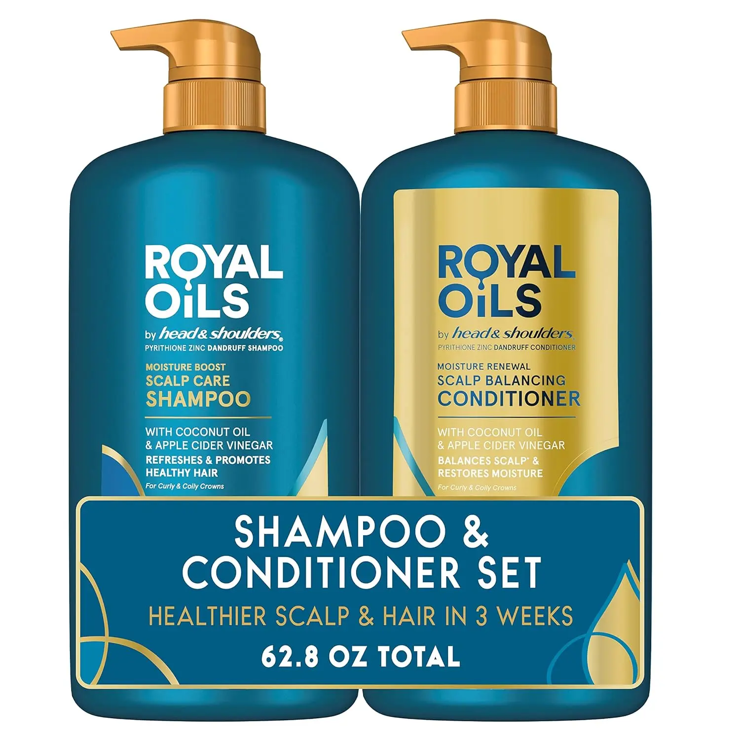 The Head and Shoulders Royal Oils shampoo and conditioner set restores scalp health and natural moisture to curly and coily hair, leaving it soft, beautiful, and dandruff-free.