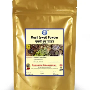 This is a 100 gram pack of Kamdhenu Laboratories Safed Musli powder, a natural herbal product.