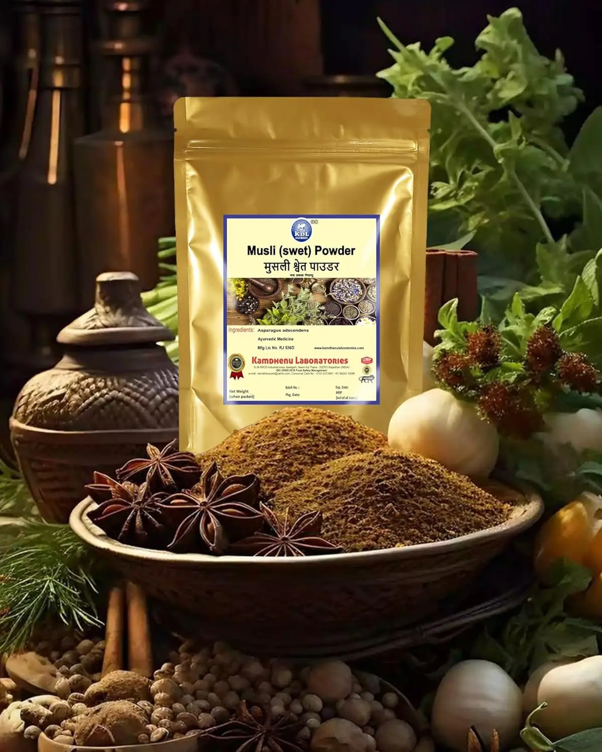 This is a 100 gram pack of Kamdhenu Laboratories Safed Musli powder, a natural herbal product.