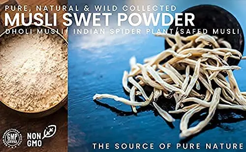 This is a 100 gram pack of Kamdhenu Laboratories Safed Musli powder, a natural herbal product.