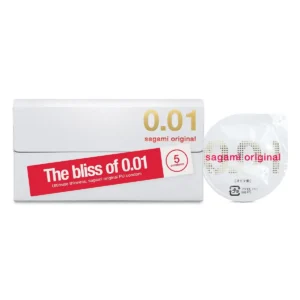 A pack of five Sagami Original 0.01 ultra thin, super strong, non-latex polyurethane condoms for those with latex allergies.