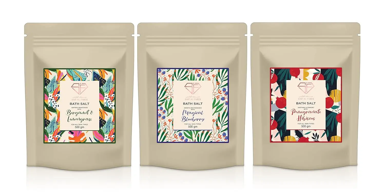 A jar of Saif Al Fares bath salts with bergamot rind and lemongrass, perfect for a relaxing bath.