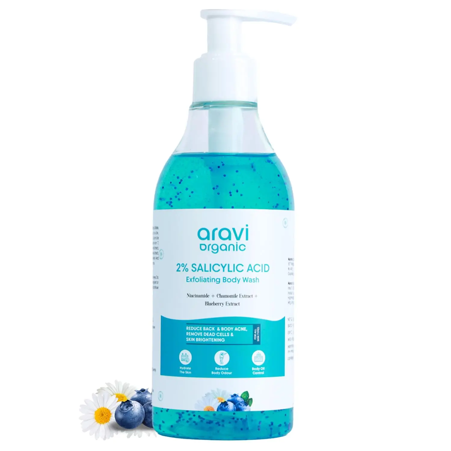 Aravi Organic salicylic acid body wash with niacinamide and blueberry exfoliates and deep cleanses to prevent body acne and odor.