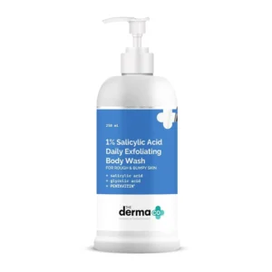 The Derma Co exfoliating body wash with salicylic and glycolic acid clears body acne, smooths rough skin, and provides 24-hour hydration for all skin types.