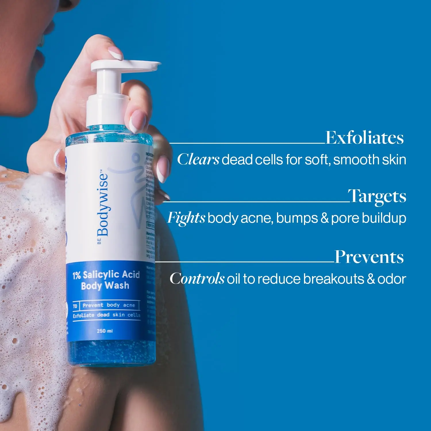 Be Bodywise Salicylic Acid Body Wash helps clear body acne, reduce strawberry skin and keratosis pilaris, leaving skin smoother and clearer.