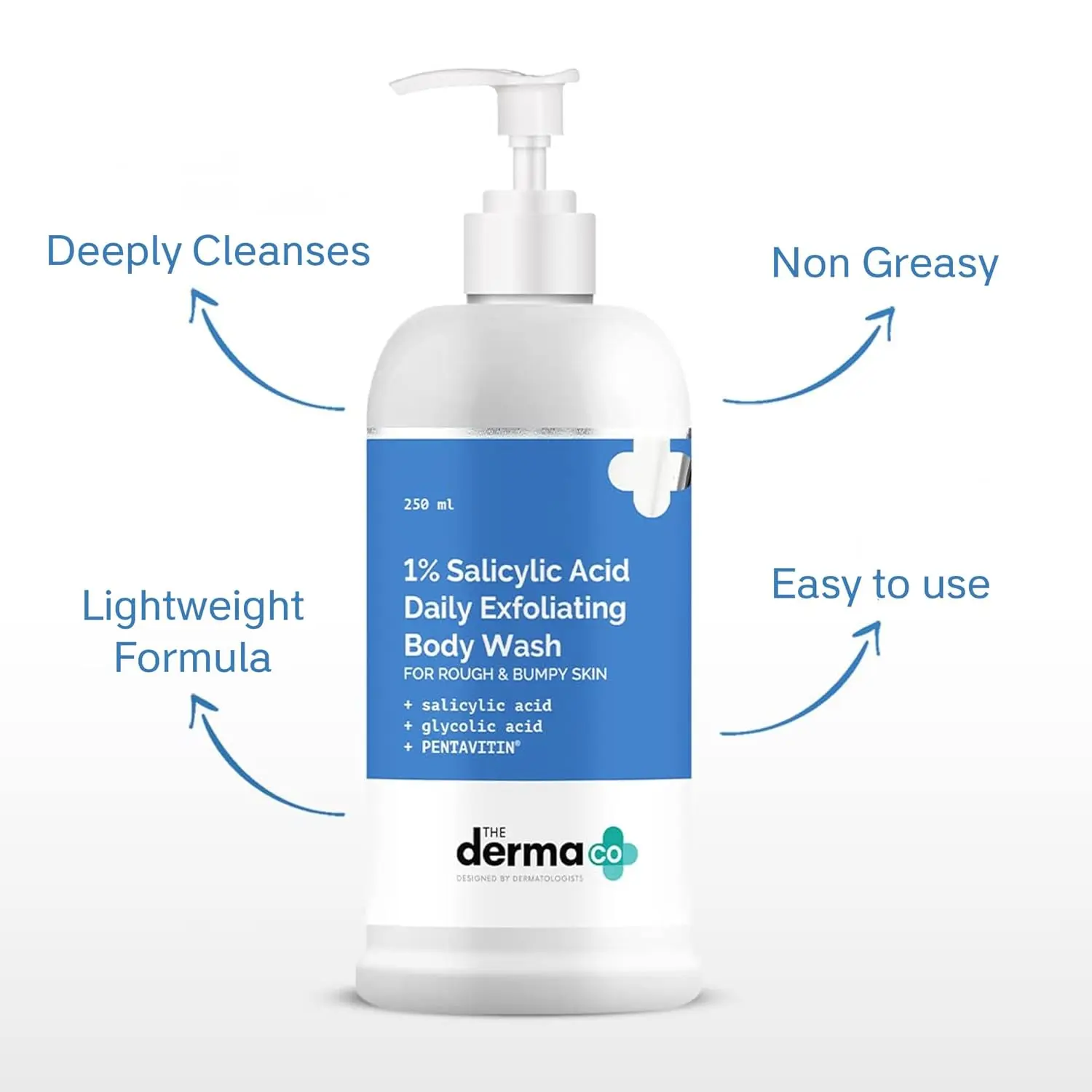The Derma Co exfoliating body wash with salicylic and glycolic acid clears body acne, smooths rough skin, and provides 24-hour hydration for all skin types.