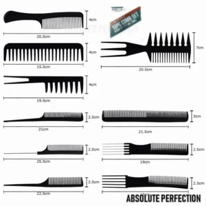 This 10-piece professional black plastic salon hairdressing comb set is lightweight and ideal for hair styling, cutting, and massage.