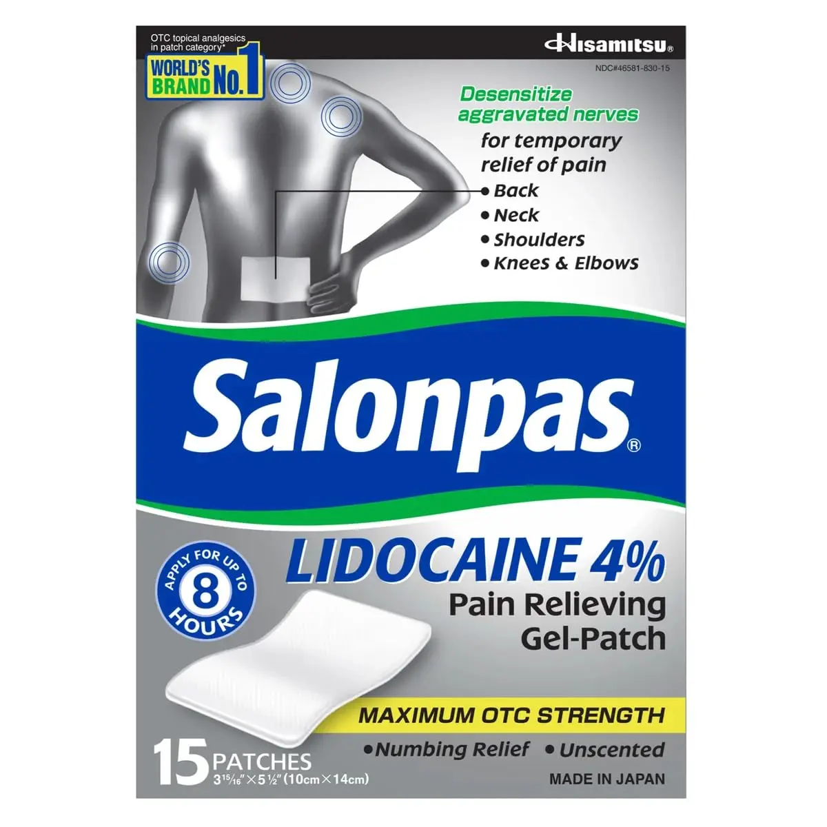 Image of Salonpas Lidocaine Pain Relieving Gel Patches, offering maximum strength pain relief in a 15-count pack.