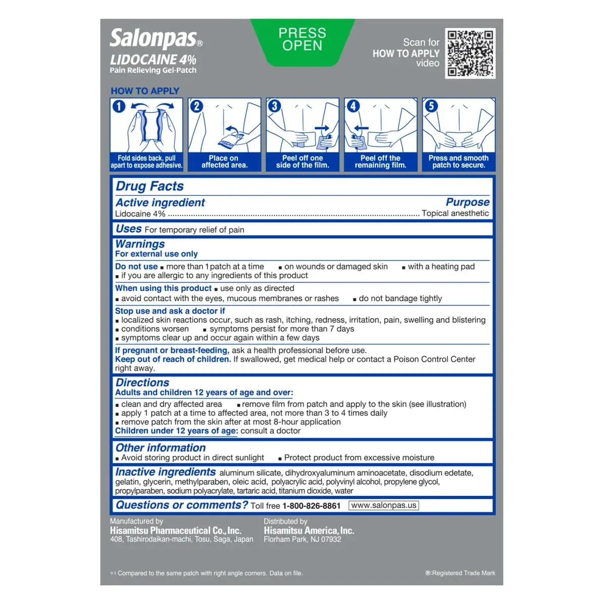 Image of Salonpas Lidocaine Pain Relieving Gel Patches, offering maximum strength pain relief in a 15-count pack.