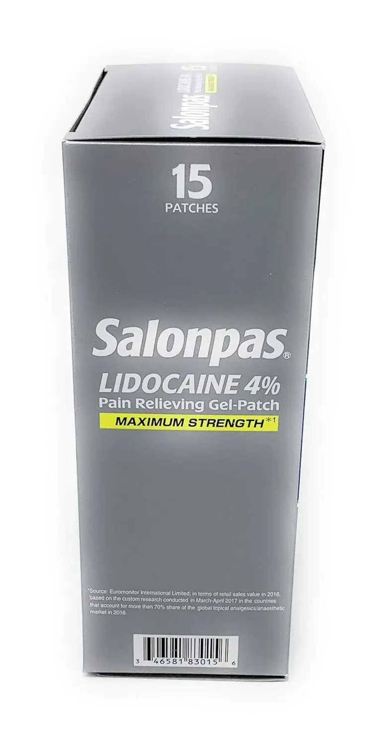 Image of Salonpas Lidocaine Pain Relieving Gel Patches, offering maximum strength pain relief in a 15-count pack.