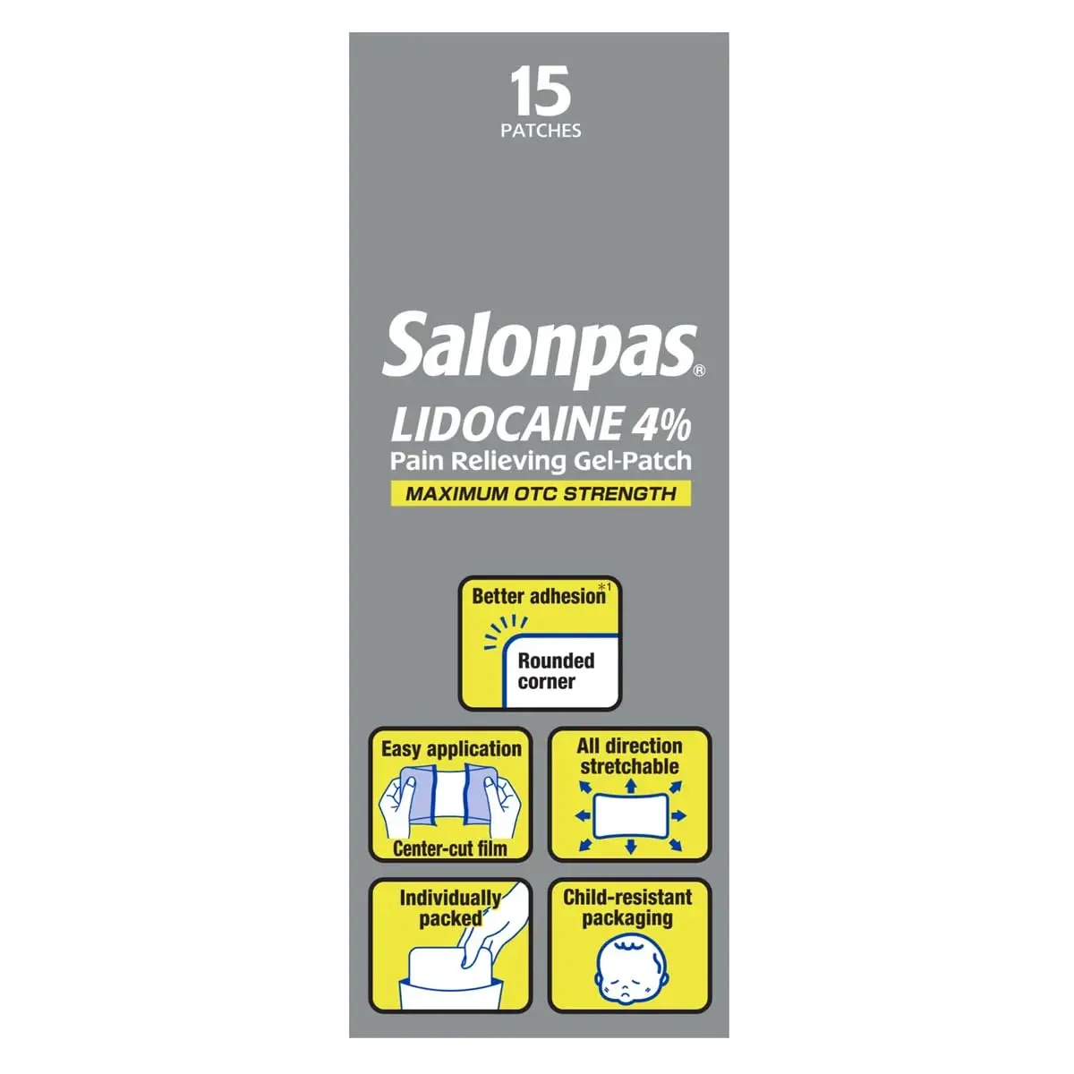 Image of Salonpas Lidocaine Pain Relieving Gel Patches, offering maximum strength pain relief in a 15-count pack.