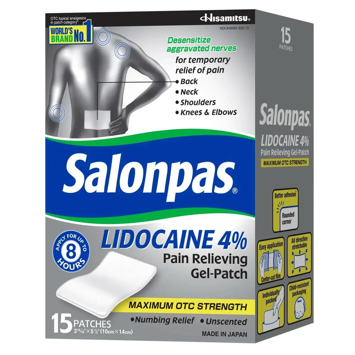 Image of Salonpas Lidocaine Pain Relieving Gel Patches, offering maximum strength pain relief in a 15-count pack.