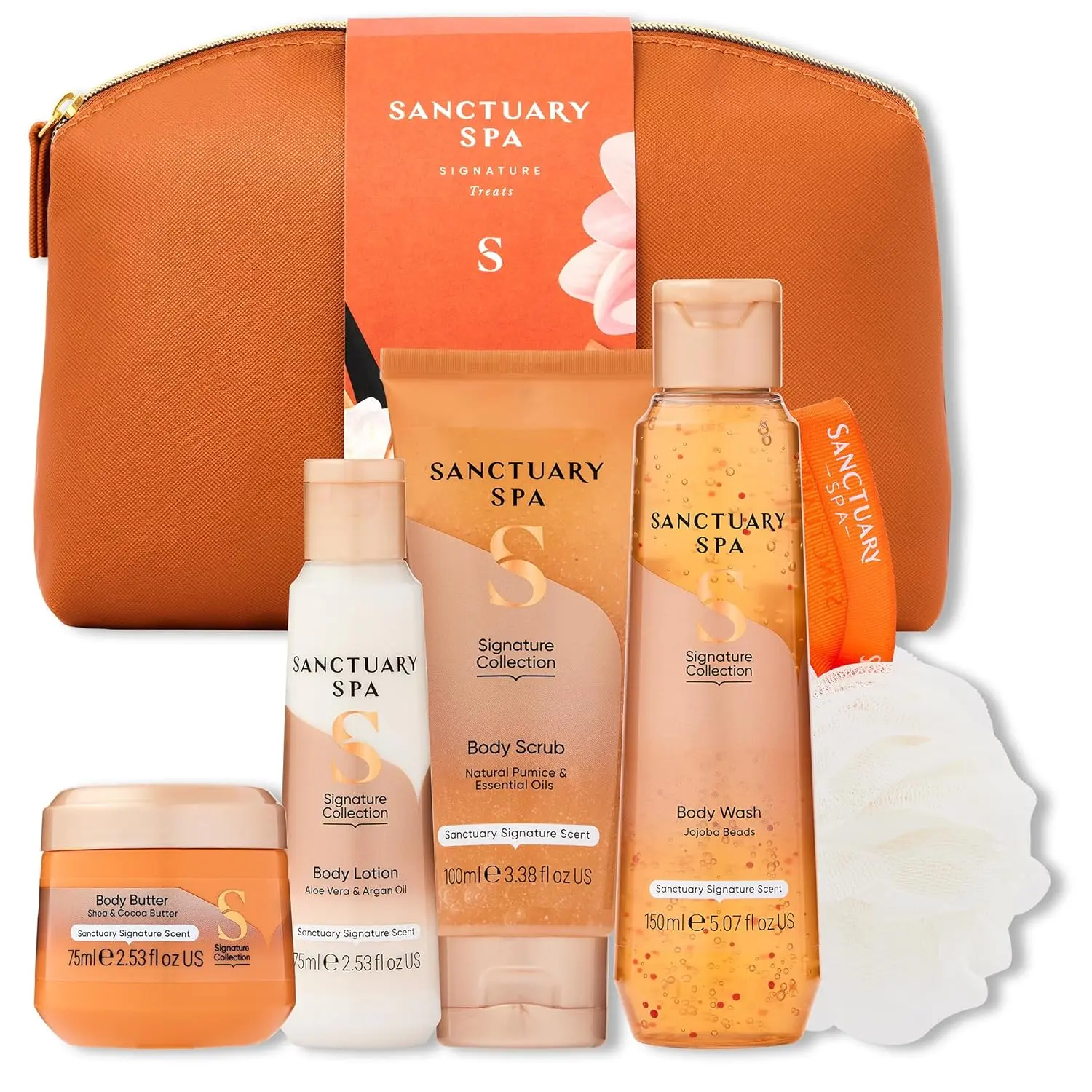 Sanctuary Spa Signature Collection gift set with body wash, scrub, lotion, butter, and puff, a vegan self-care treat in a travel-friendly bag.