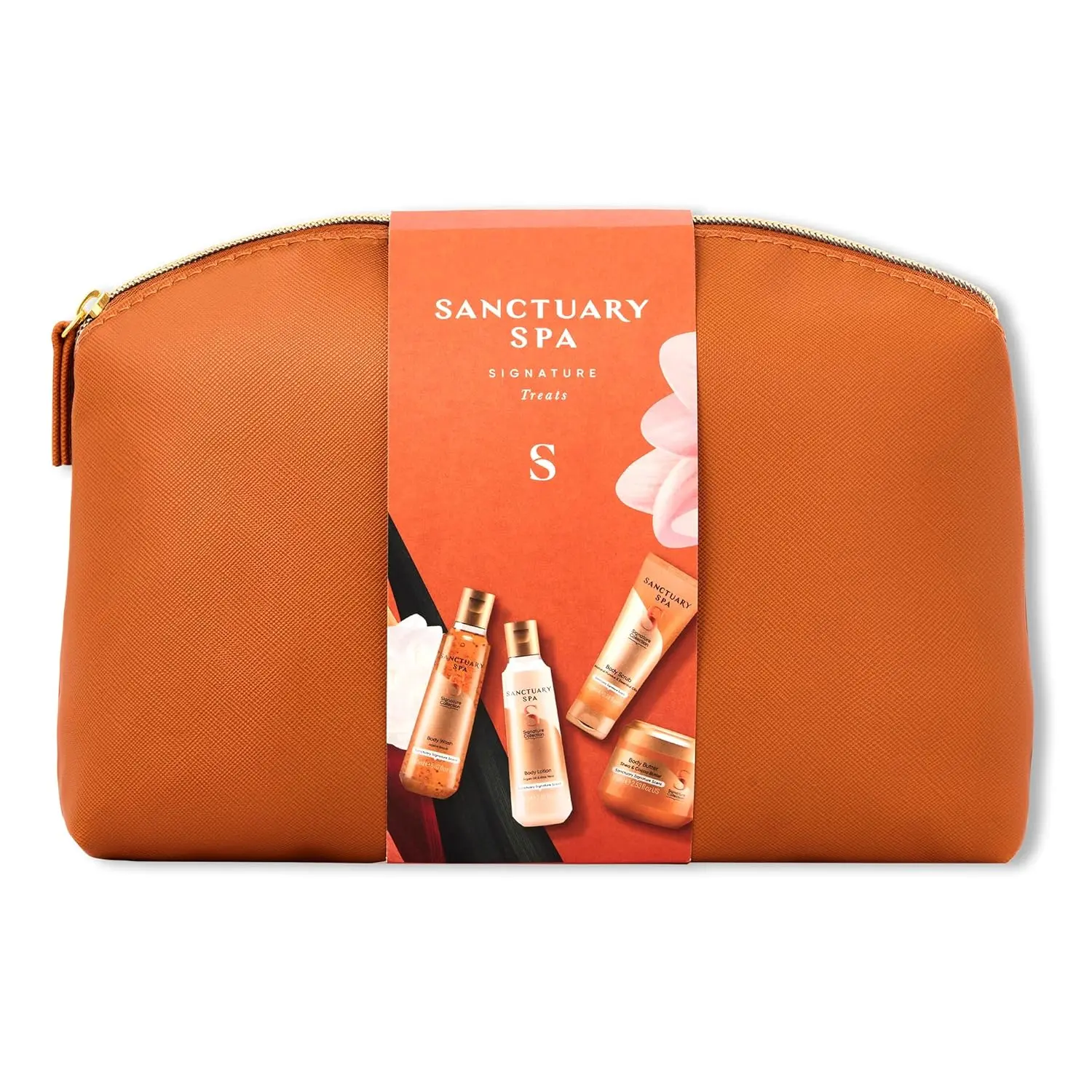 Sanctuary Spa Signature Collection gift set with body wash, scrub, lotion, butter, and puff, a vegan self-care treat in a travel-friendly bag.