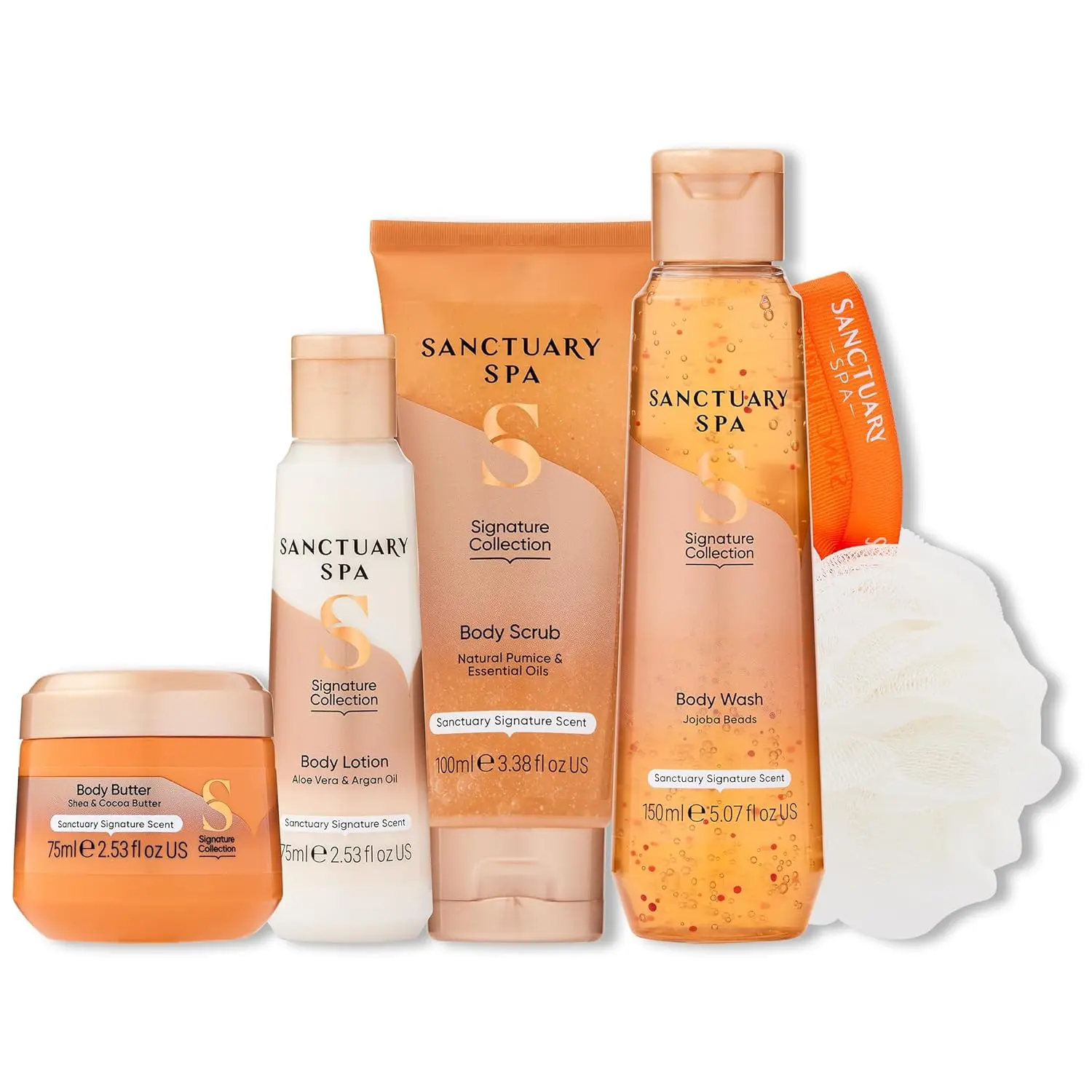 Sanctuary Spa Signature Collection gift set with body wash, scrub, lotion, butter, and puff, a vegan self-care treat in a travel-friendly bag.