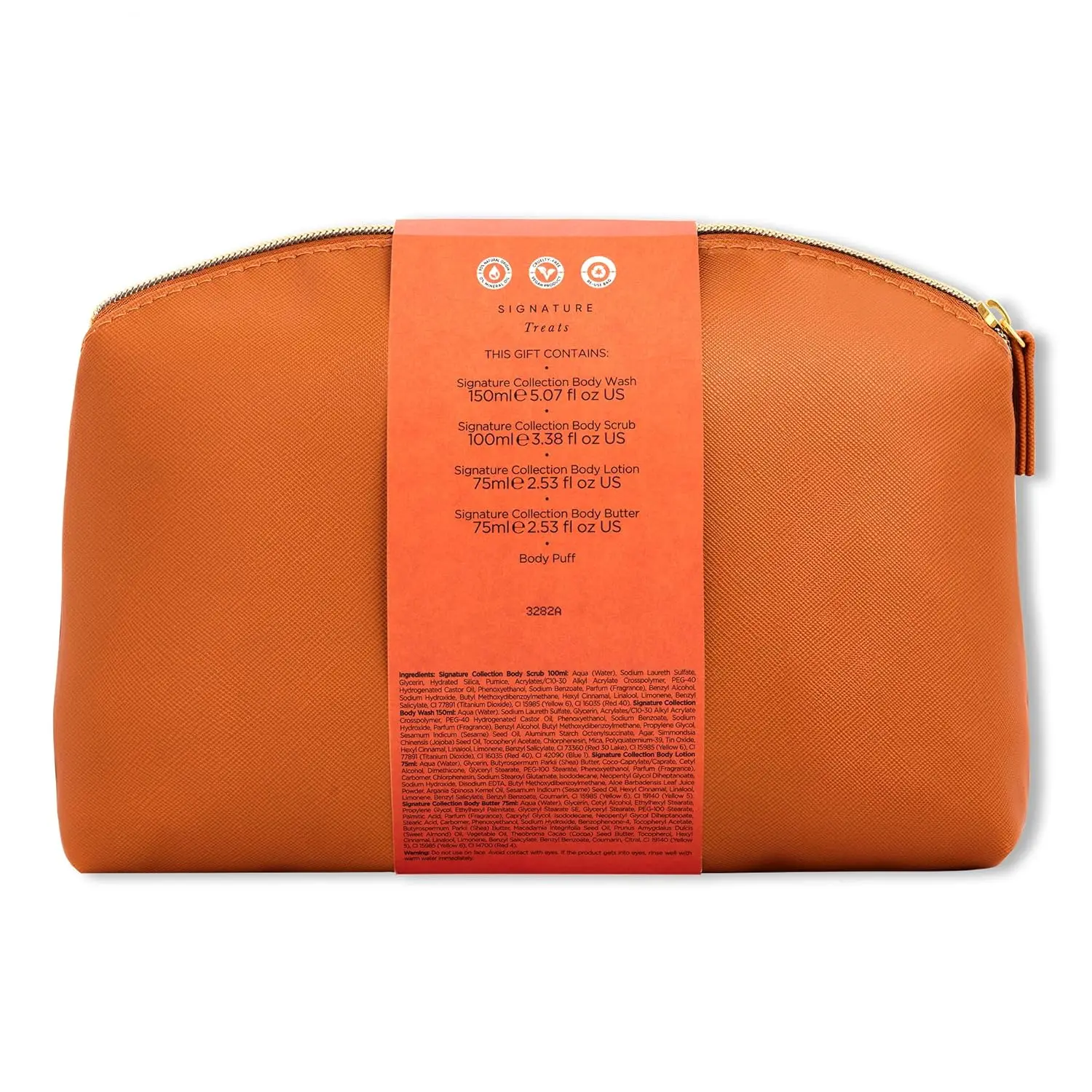 Sanctuary Spa Signature Collection gift set with body wash, scrub, lotion, butter, and puff, a vegan self-care treat in a travel-friendly bag.