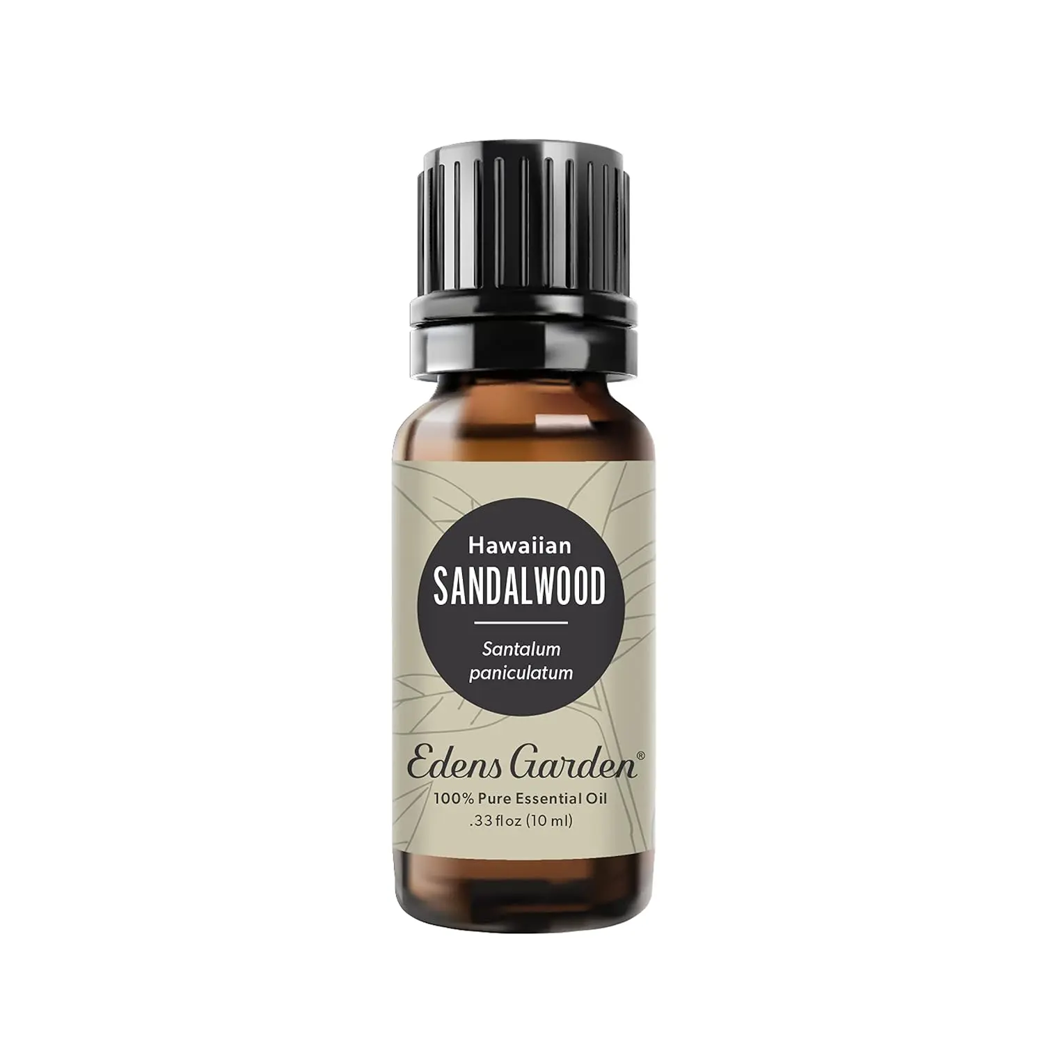 A 10 ml bottle of Edens Garden Hawaiian Sandalwood essential oil, a pure, GC/MS tested therapeutic grade oil ideal for perfumes, body care, and diffusion.